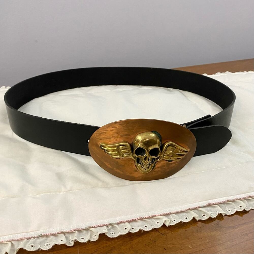 Chosen by King Baby Flying Skull Wing Biker Copper Brass Buckle‎ Belt Mens Sz 38
